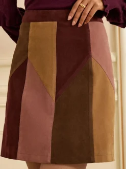 Love & Roses Tan Brown and Pink Faux Suede Patchwork Mini Skirt