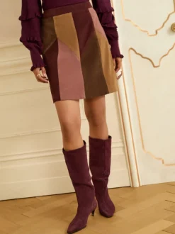 Love & Roses Tan Brown and Pink Petite Faux Suede Patchwork Mini Skirt