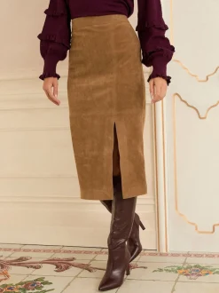Love & Roses Tan Brown Faux Suede Slit Midi Skirt