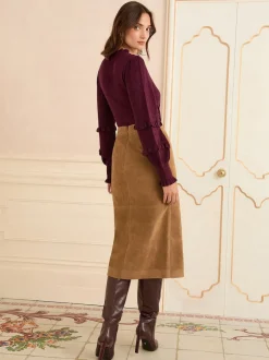 Love & Roses Tan Brown Faux Suede Slit Midi Skirt