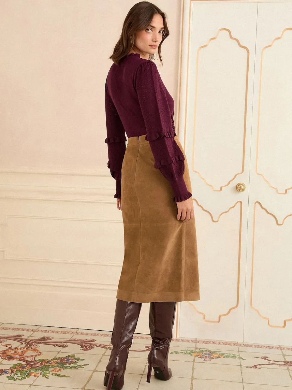 Love & Roses Tan Brown Faux Suede Slit Midi Skirt