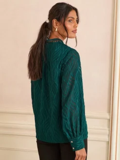 Love & Roses Teal Blue Burnout Long Sleeve Zip Front Blouse