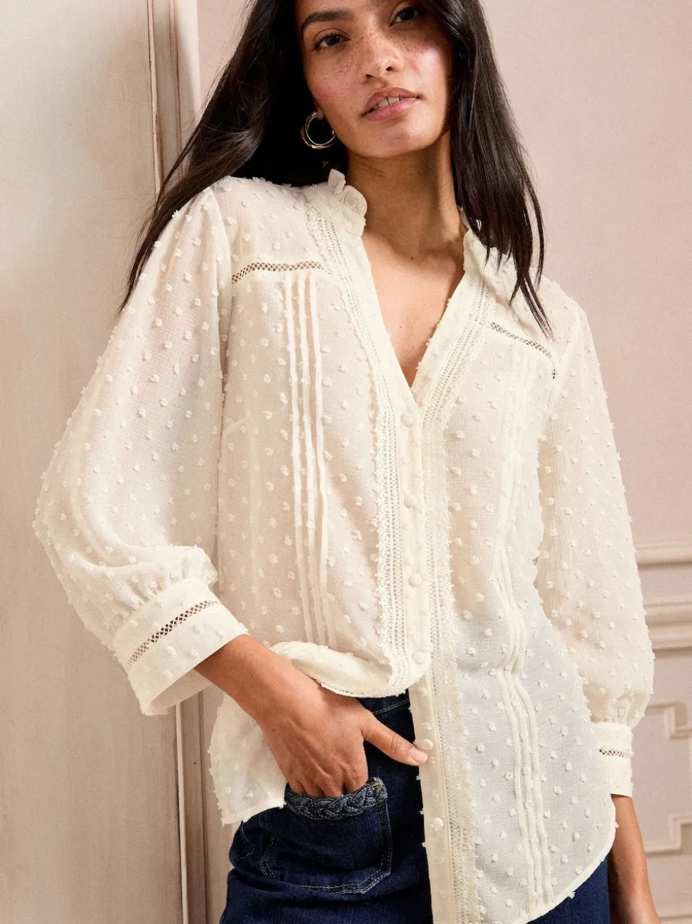 Love & Roses White Ecru Dobby 3/4 Sleeve Blouse
