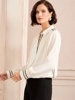 Love & Roses White Ecru Metallic Button Through Long Sleeve Shirt