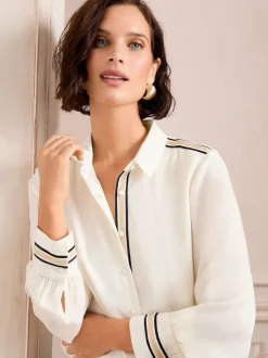 Love & Roses White Ecru Metallic Button Through Long Sleeve Shirt