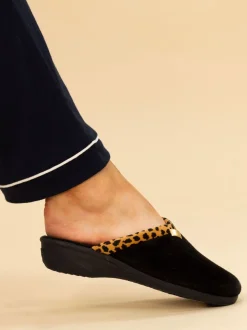 Lunar Black Michelle Animal Print Trim Wedged Mule Slippers