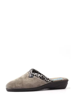 Lunar Grey Michelle Animal Print Trim Wedged Mule Slippers