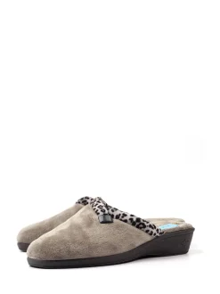 Lunar Grey Michelle Animal Print Trim Wedged Mule Slippers