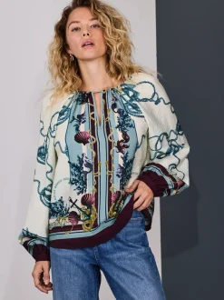 Marine Border Print Keyhole Detail Relaxed Long Sleeve Blouse