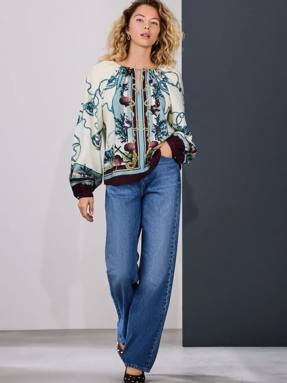 Marine Border Print Keyhole Detail Relaxed Long Sleeve Blouse