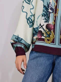 Marine Border Print Keyhole Detail Relaxed Long Sleeve Blouse