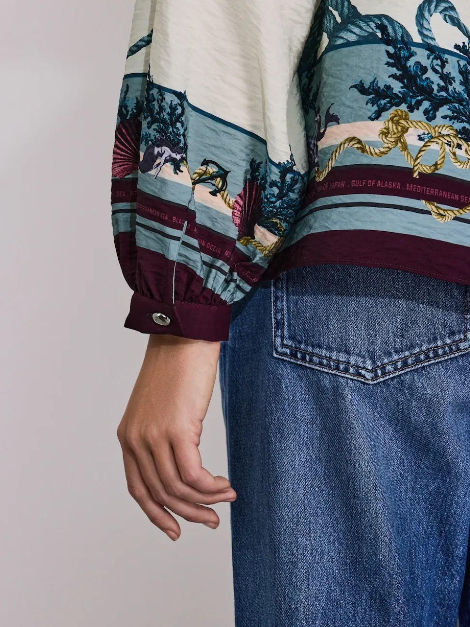 Marine Border Print Keyhole Detail Relaxed Long Sleeve Blouse