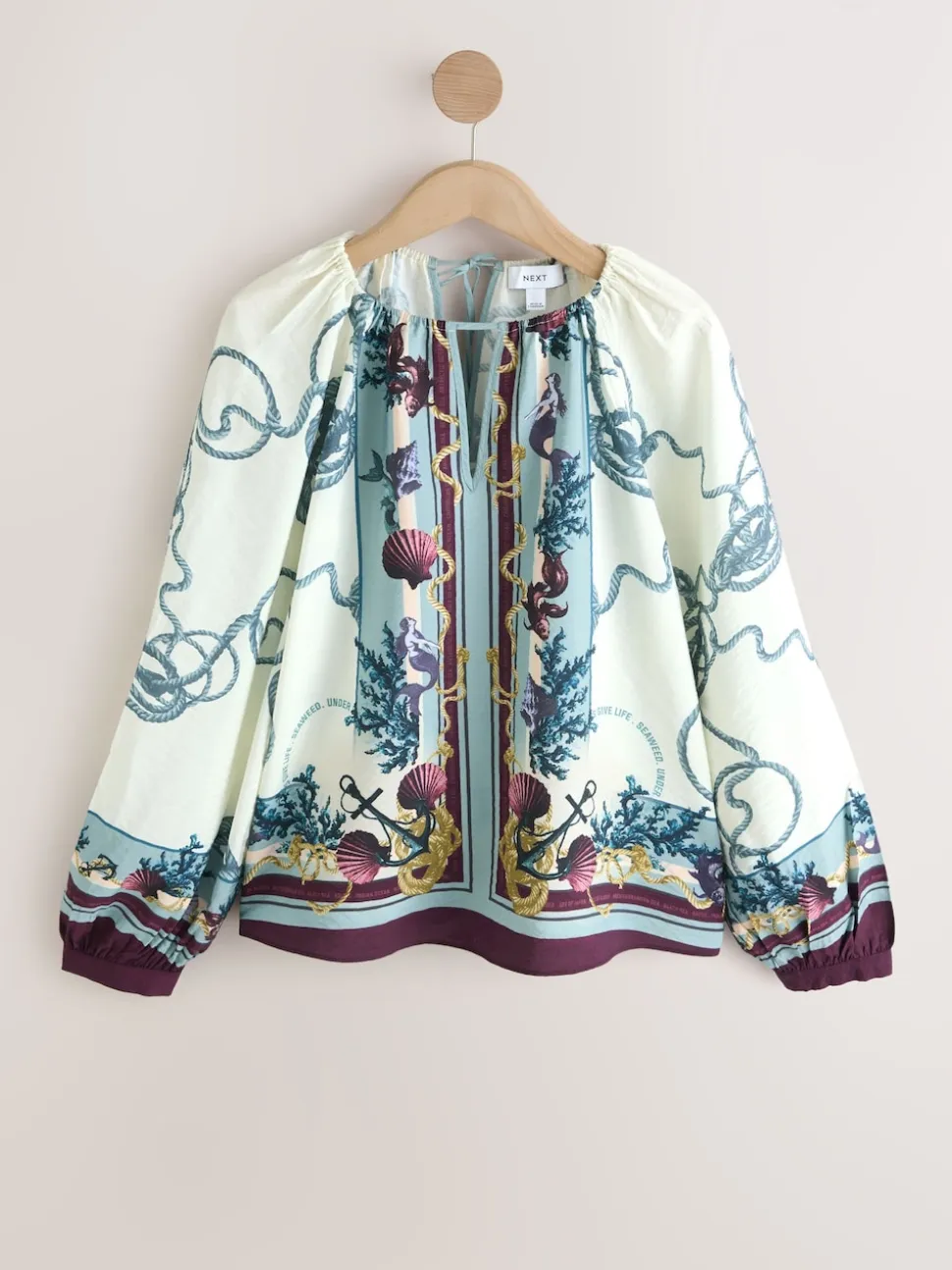 Marine Border Print Keyhole Detail Relaxed Long Sleeve Blouse
