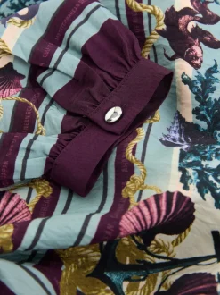 Marine Border Print Keyhole Detail Relaxed Long Sleeve Blouse