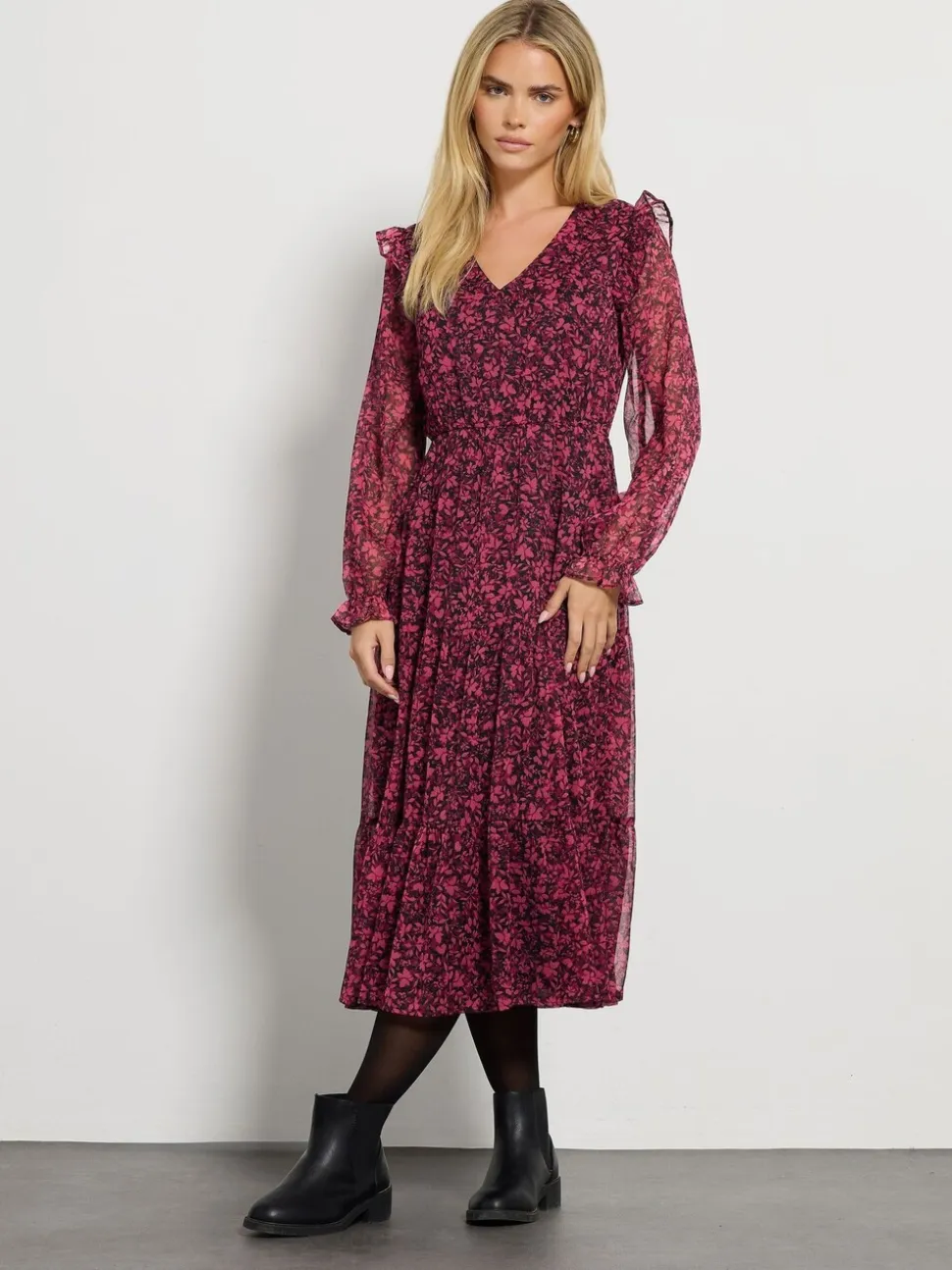 M&Co Black Petite Floral Chiffon Long Sleeve Boho Dress