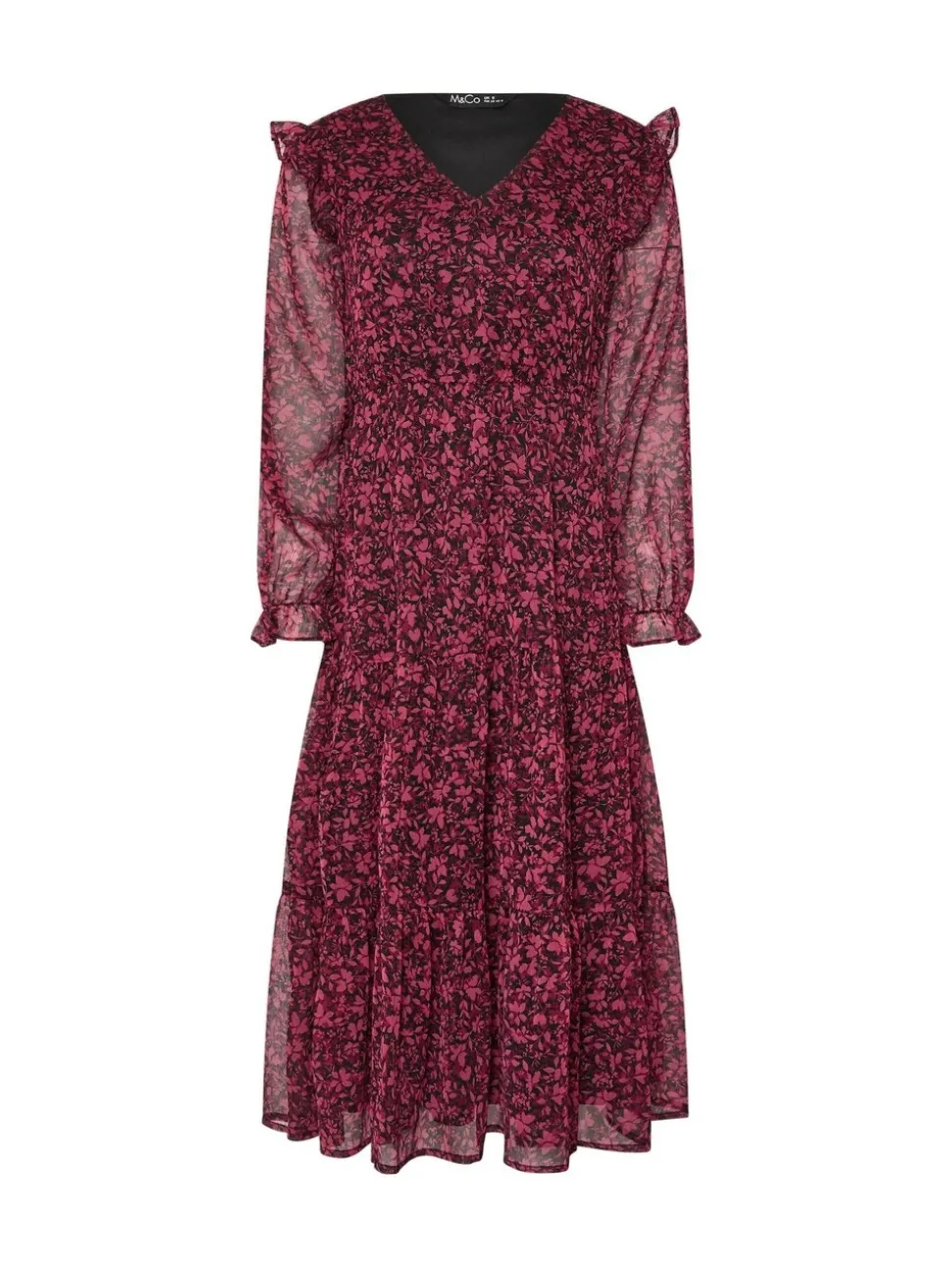 M&Co Black Petite Floral Chiffon Long Sleeve Boho Dress