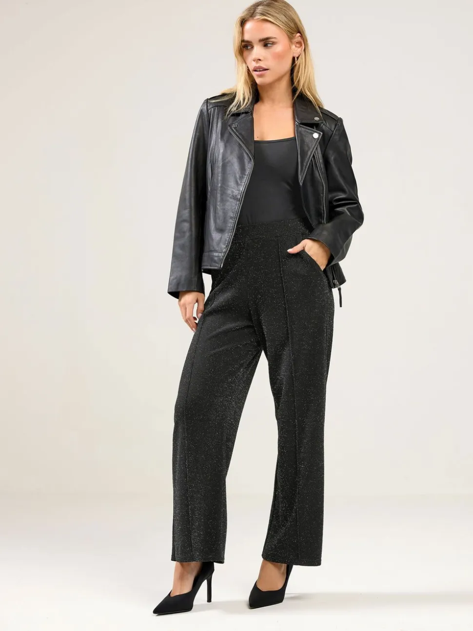 M&Co Black Petite Metallic Wide Leg Trousers