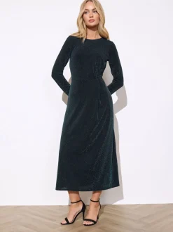 M&Co Green Metallic Twist Front Midi Dress