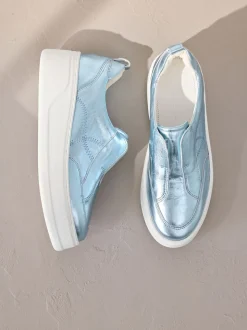 Metallic Slip On Signature Leather Chunky Wedge Platform Trainers