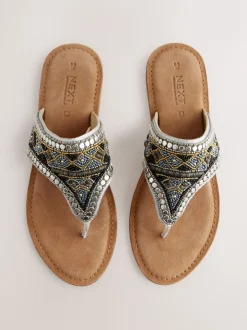 Metallic Standard/Wide Fit Chunky Beaded Toe Thong Sandals