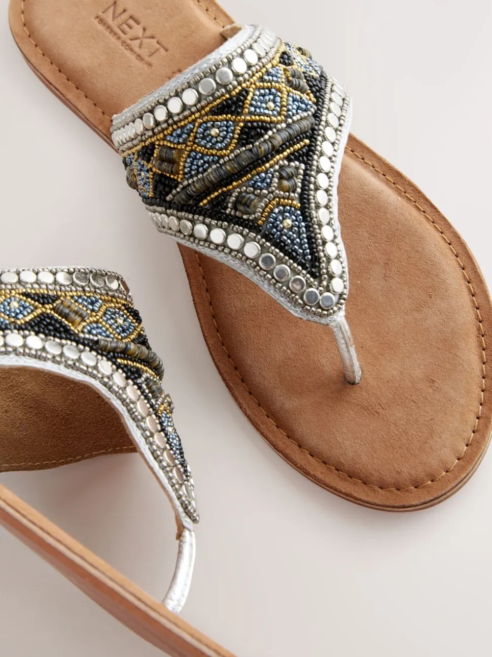 Metallic Standard/Wide Fit Chunky Beaded Toe Thong Sandals