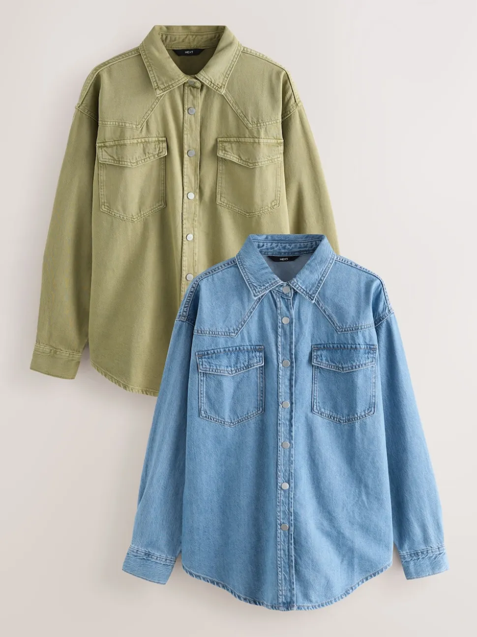 Mid Blue and Khaki Green Oversized Denim Shirts 2 Pack