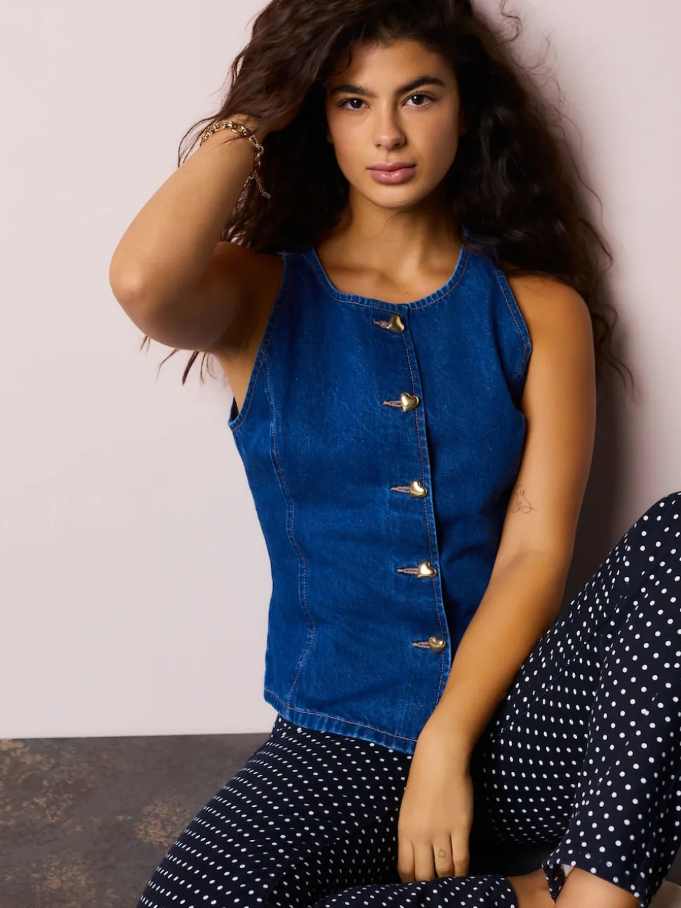 Mid Blue Denim Heart Button Through Waistcoat
