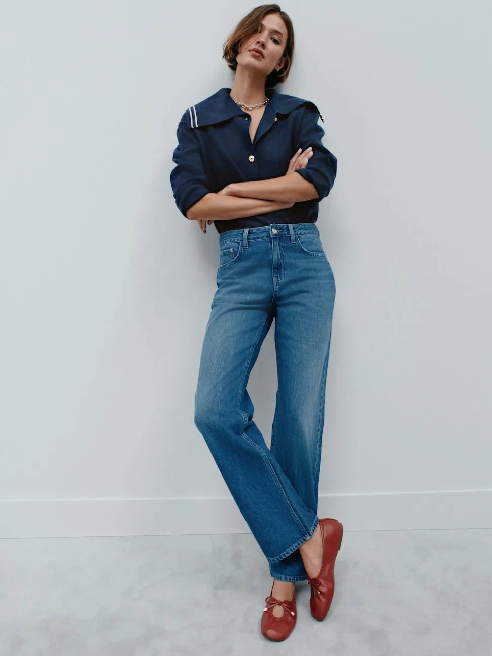 Mid Blue Denim Straight Leg Jeans