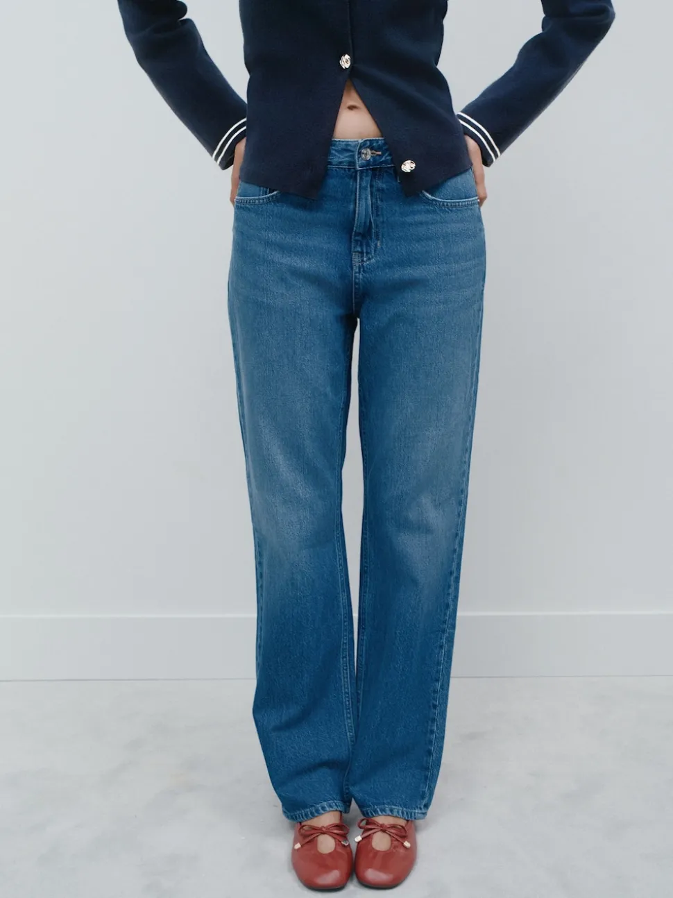 Mid Blue Denim Straight Leg Jeans