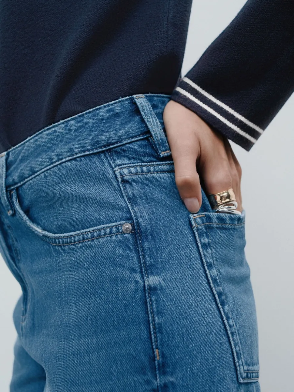 Mid Blue Denim Straight Leg Jeans