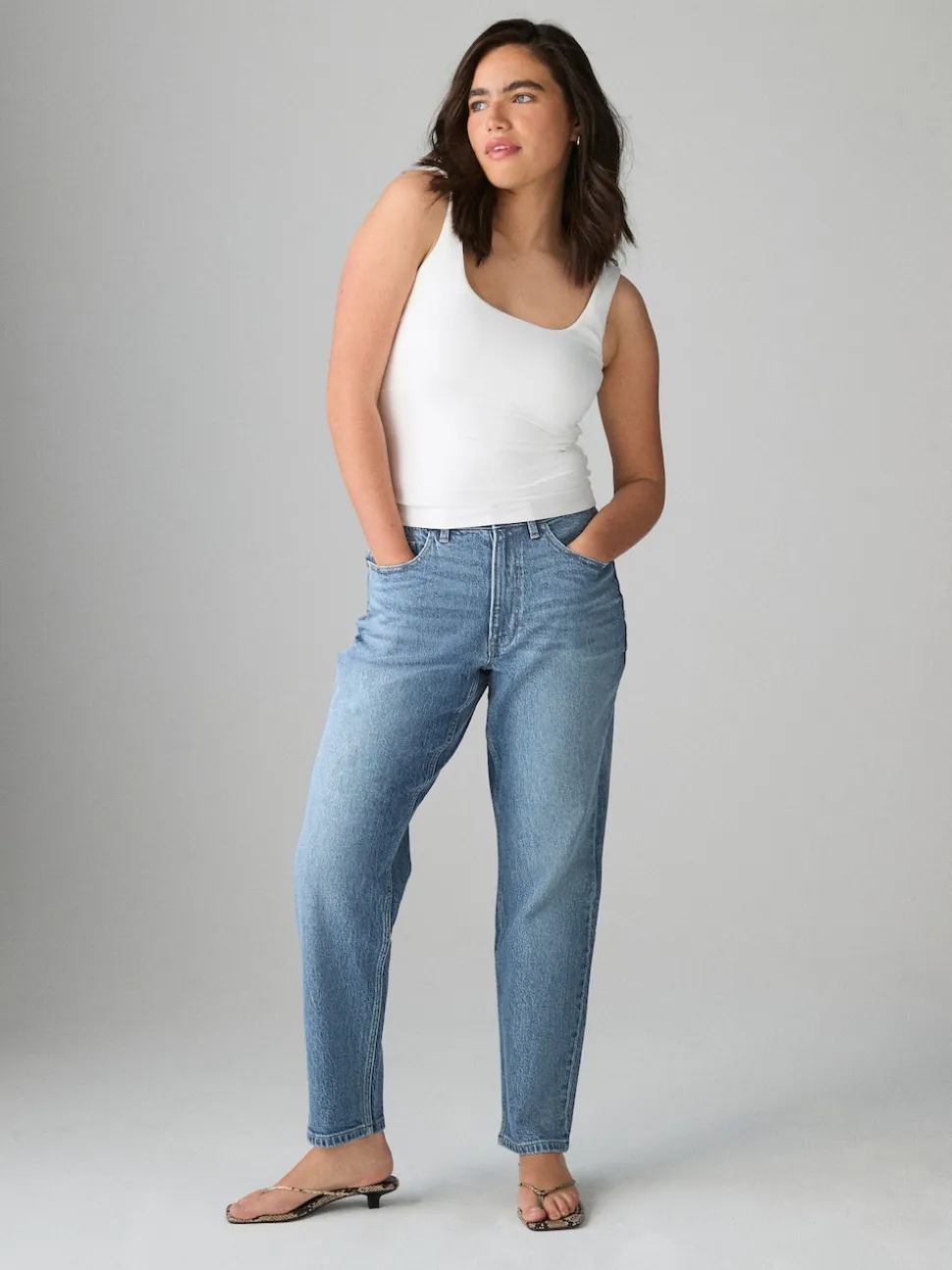 Mid Blue Hourglass Comfort Stretch Column Mom Jeans
