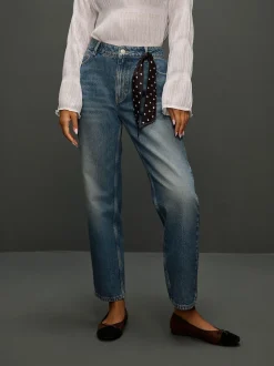 Mid Blue Polka Dot Mid Rise Ankle Straight Leg Jeans With Scarf