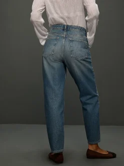 Mid Blue Polka Dot Mid Rise Ankle Straight Leg Jeans With Scarf