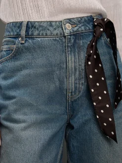 Mid Blue Polka Dot Mid Rise Ankle Straight Leg Jeans With Scarf