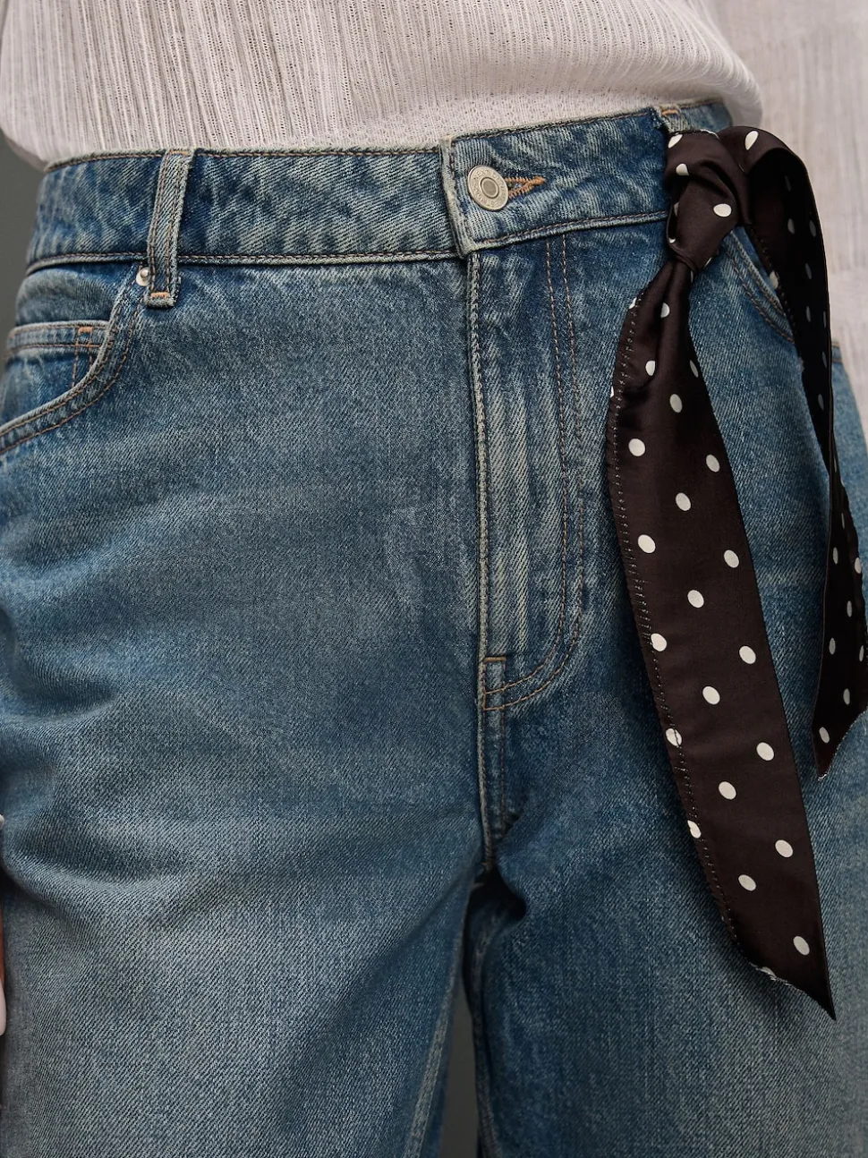 Mid Blue Polka Dot Mid Rise Ankle Straight Leg Jeans With Scarf