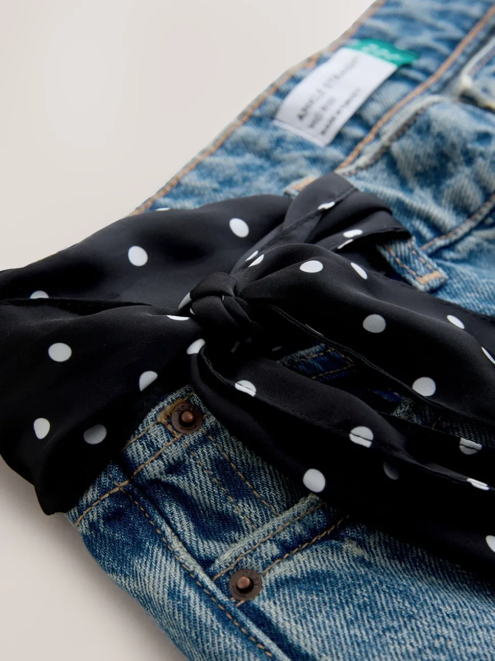 Mid Blue Polka Dot Mid Rise Ankle Straight Leg Jeans With Scarf