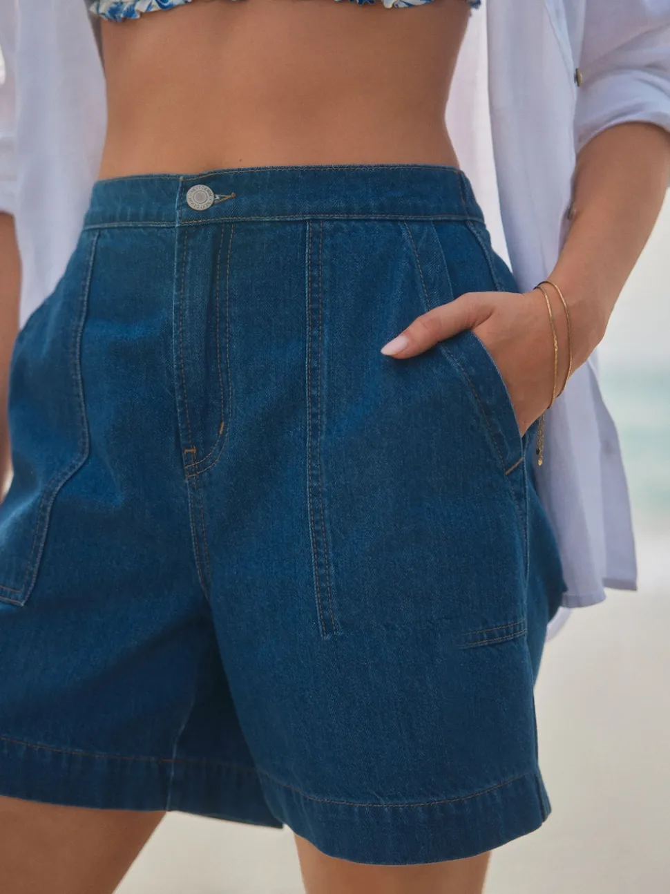 Mid Blue Utility Lightweight 100% Cotton Denim Shorts