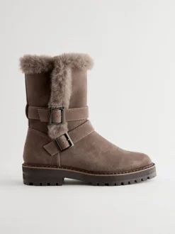 Mink Brown Faux Fur Double Buckle Ankle Boots