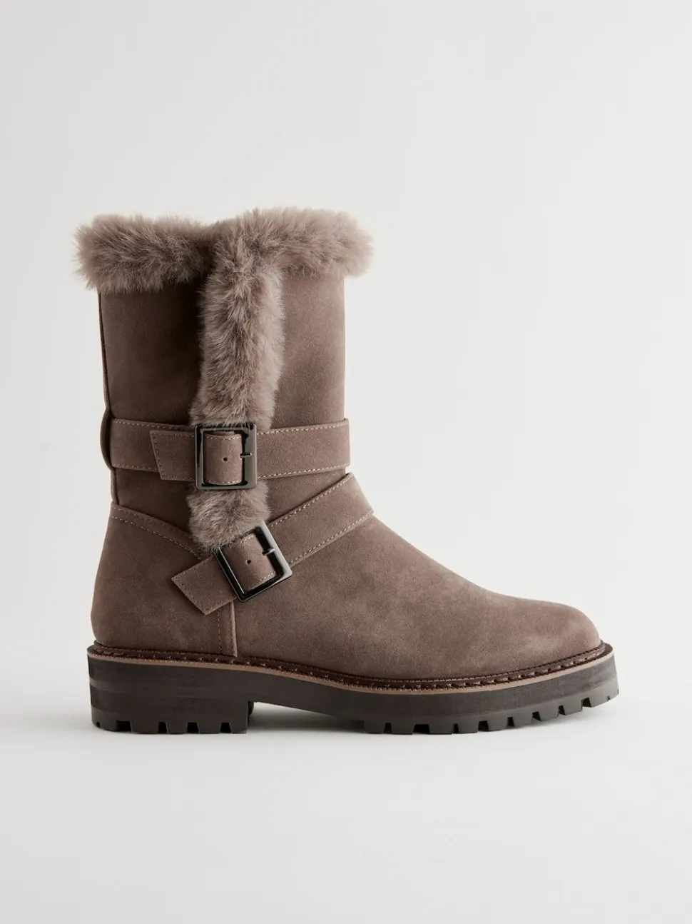 Mink Brown Faux Fur Double Buckle Ankle Boots