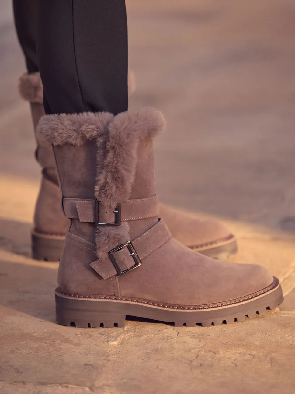 Mink Brown Faux Fur Double Buckle Ankle Boots