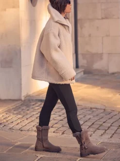 Mink Brown Faux Fur Double Buckle Ankle Boots