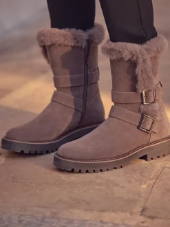 Mink Brown Faux Fur Double Buckle Ankle Boots