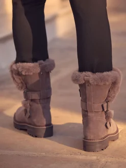 Mink Brown Faux Fur Double Buckle Ankle Boots