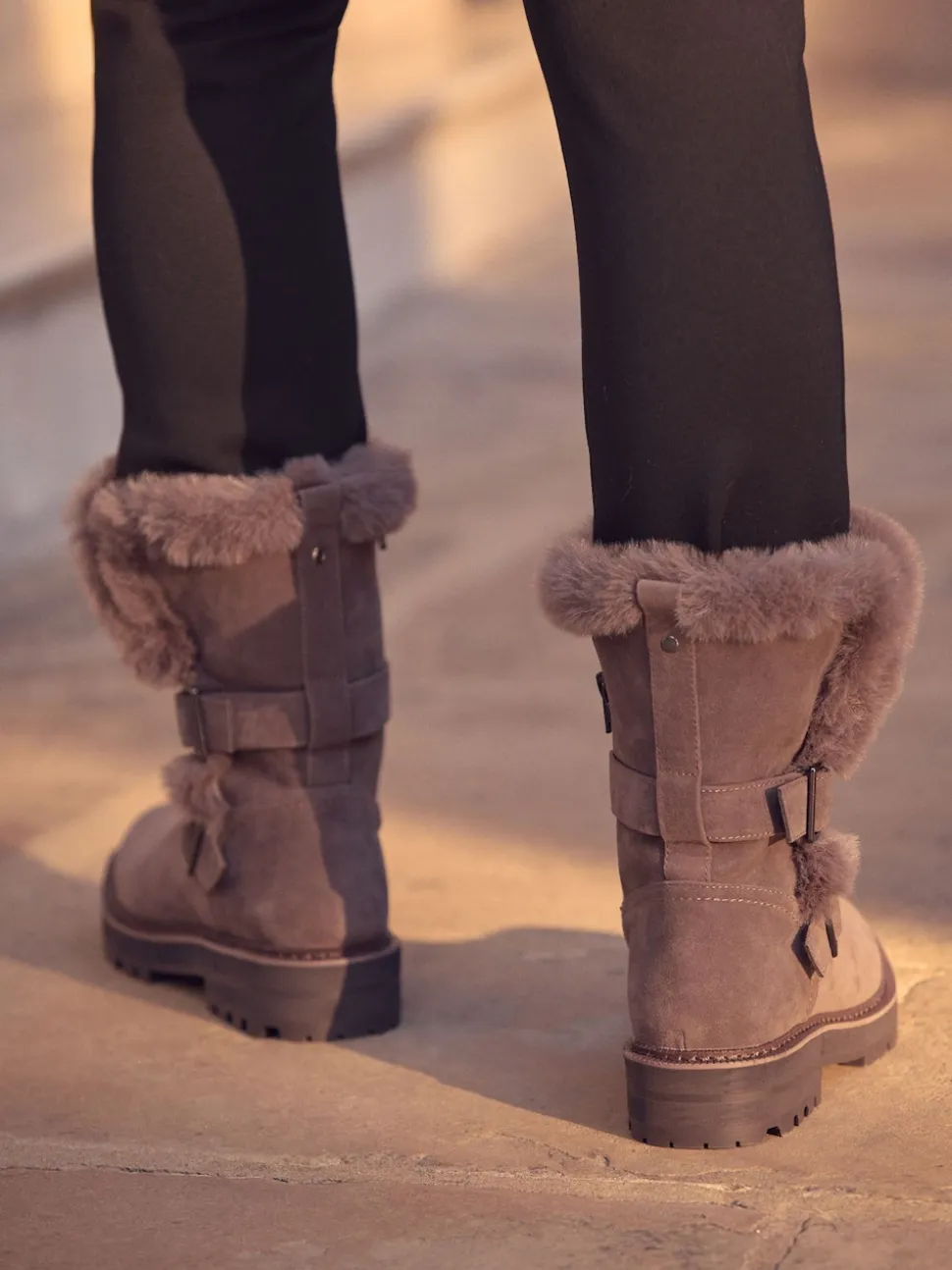 Mink Brown Faux Fur Double Buckle Ankle Boots