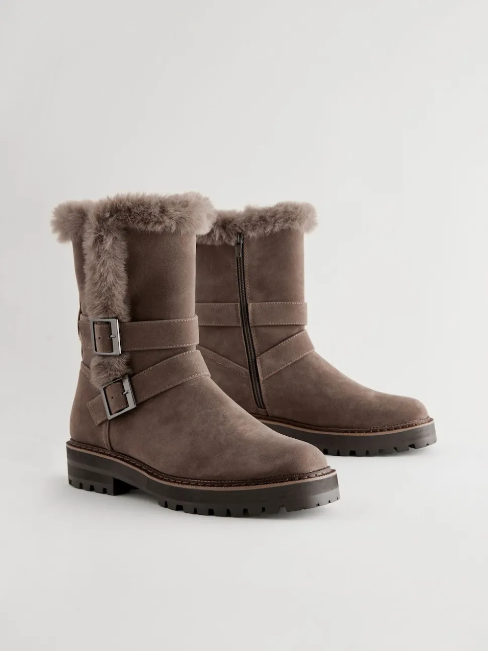 Mink Brown Faux Fur Double Buckle Ankle Boots