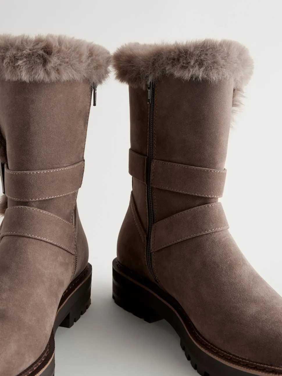 Mink Brown Faux Fur Double Buckle Ankle Boots