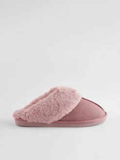 Mink Pink Faux Fur Lined Suede Mule Slippers