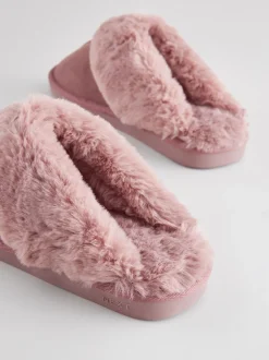 Mink Pink Faux Fur Lined Suede Mule Slippers