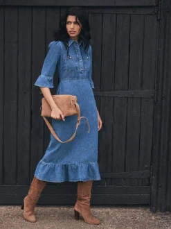 Mint Velvet Blue Indigo Denim Midi Shirt Dress