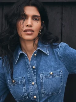 Mint Velvet Blue Indigo Denim Midi Shirt Dress